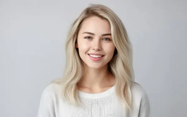 Headshot of a beautiful blond smiling young woman looking at the camera on gray background. Generative AI