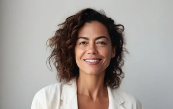 Medium shot portrait of a Brazilian woman in her s in a minimalist or empty room background wearing a chic cardigan ()