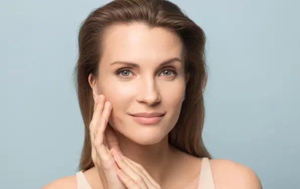 Portrait of beautiful woman touch healthy clean skin