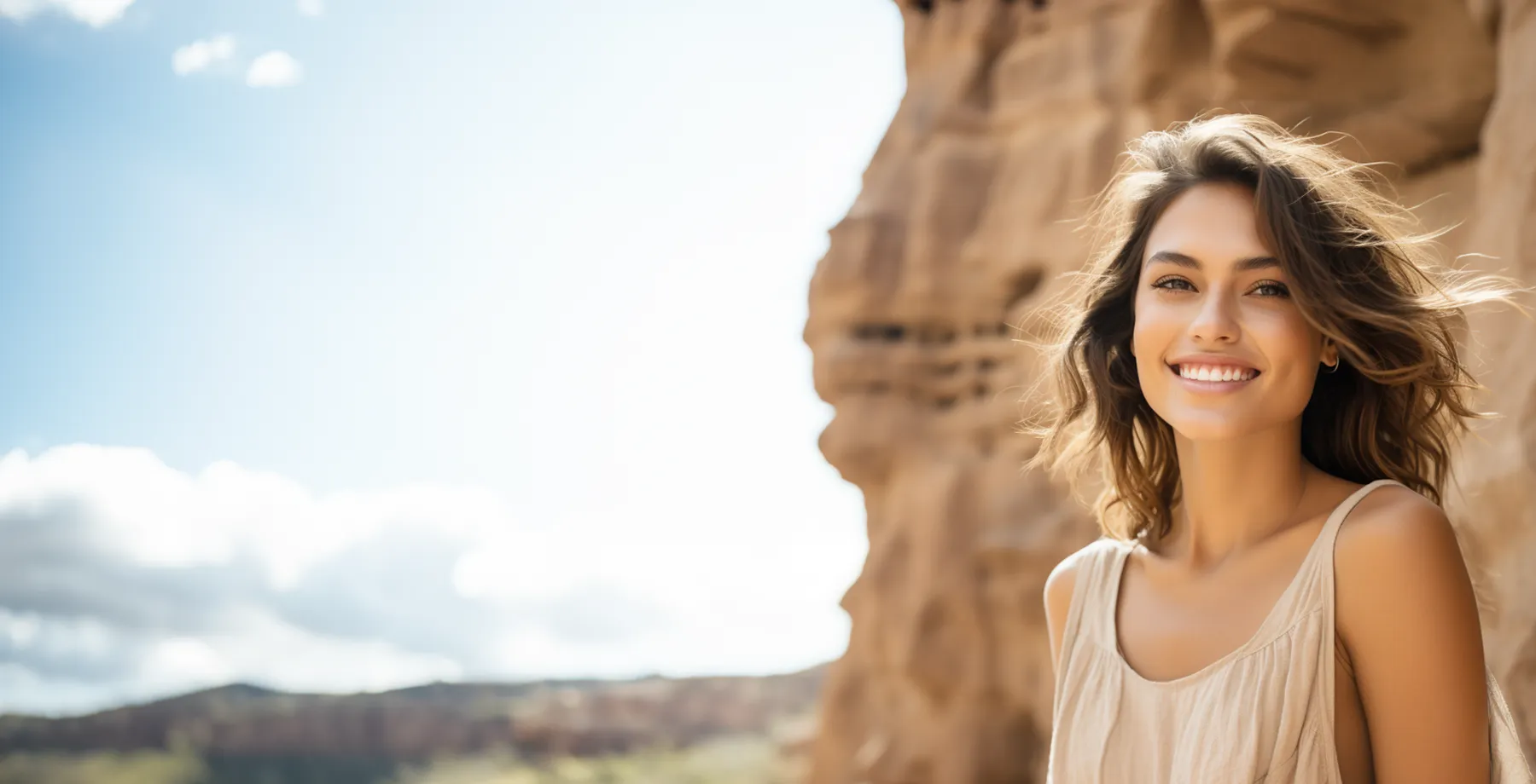 smiling pretty woman in front of cliffside