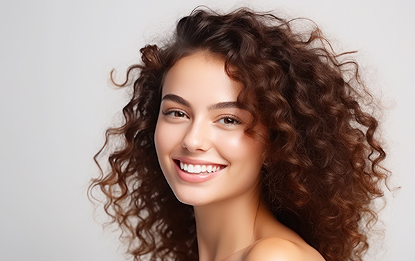 Female model with shiny brown long hair and natural beautiful smooth skin