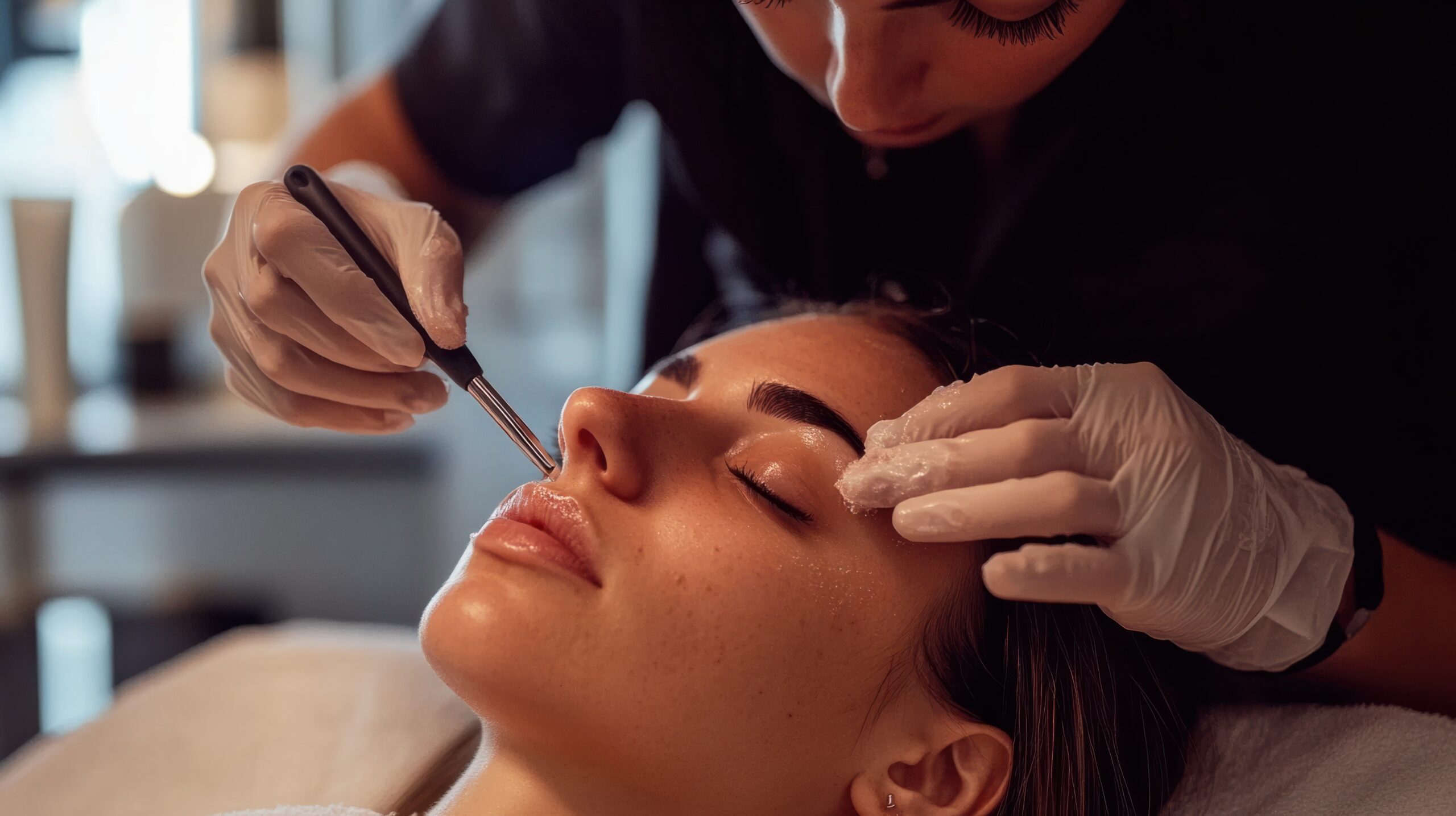 Beautician using a dermaplaning tool on a client's face for exfoliation and removal of peach fuzz.