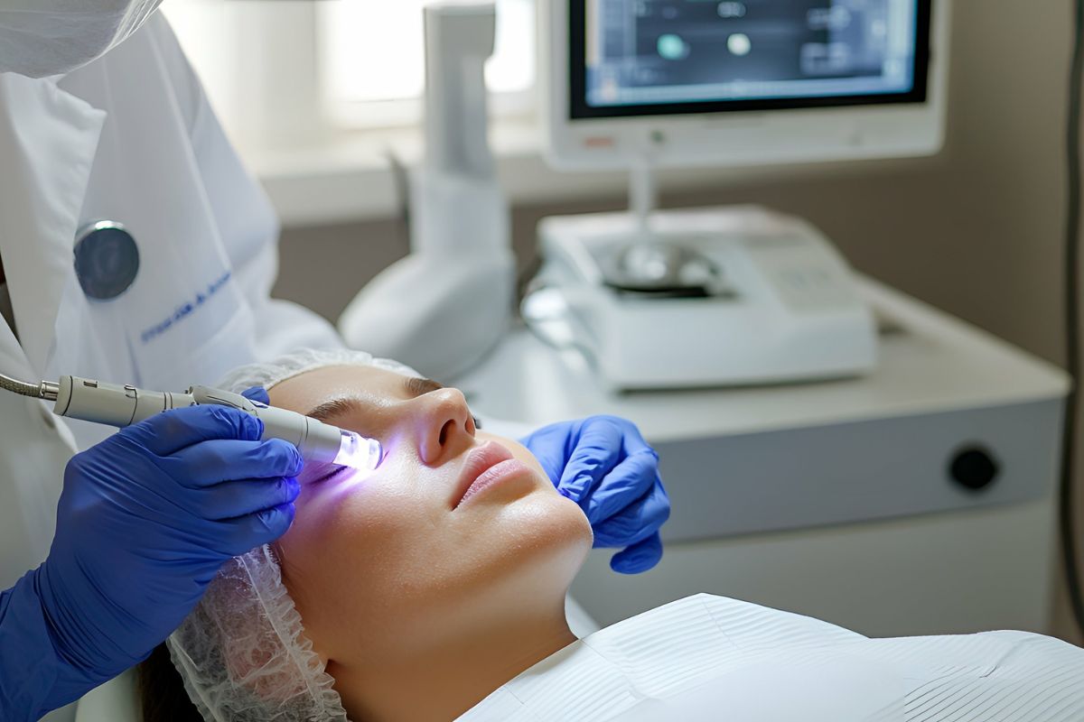 Dermatologist Applying High Tech Treatment to Patient's Eye Area
