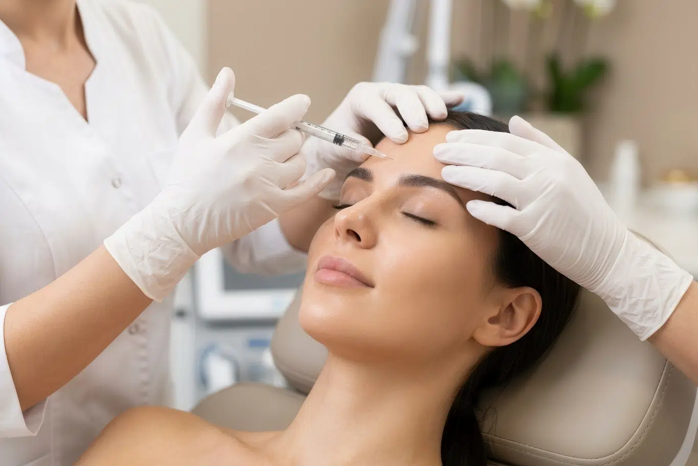 Cosmetologist performing a cosmetic filler or botox injection on a patients forehead